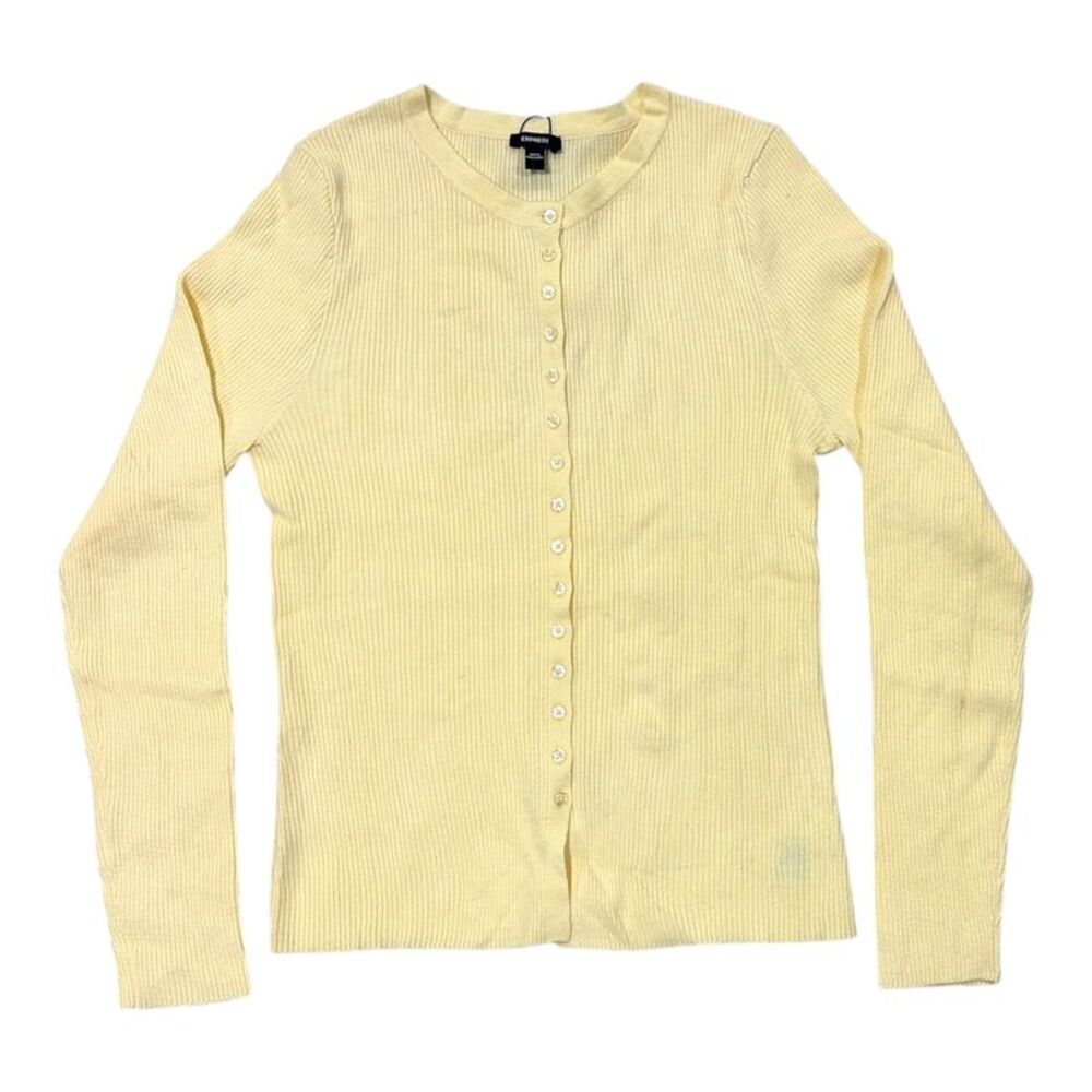Express Women's Lightweight Slim Fit Ribbed Button-Up Sweater - Yellow